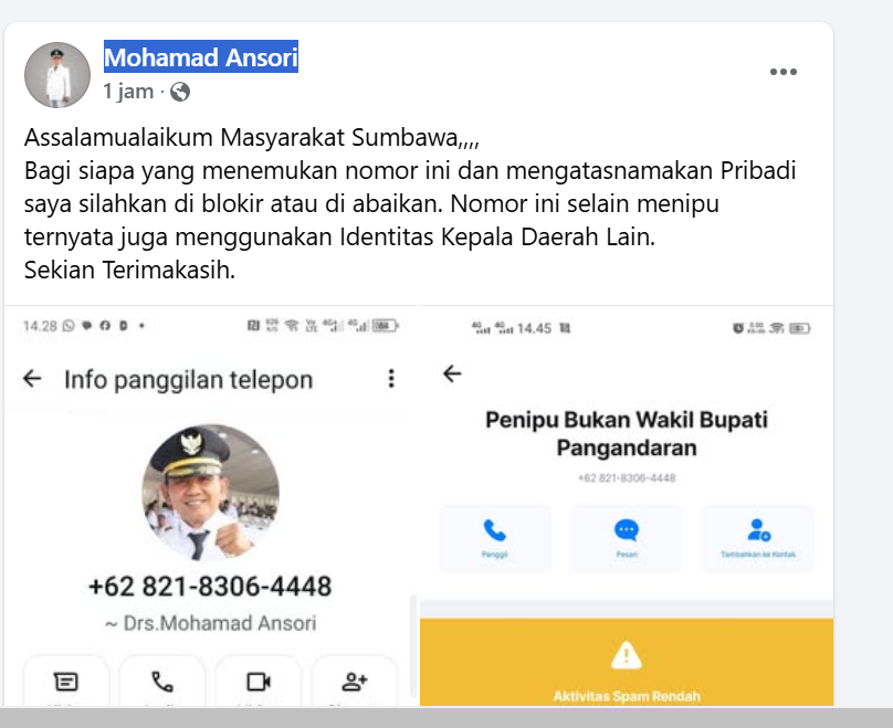 WAKIL BUPATI SUMBAWA IMBAU MASYARAKAT WASPADA TERHADAP PENIPUAN MENGGUNAKAN IDENTITAS DIRINYA